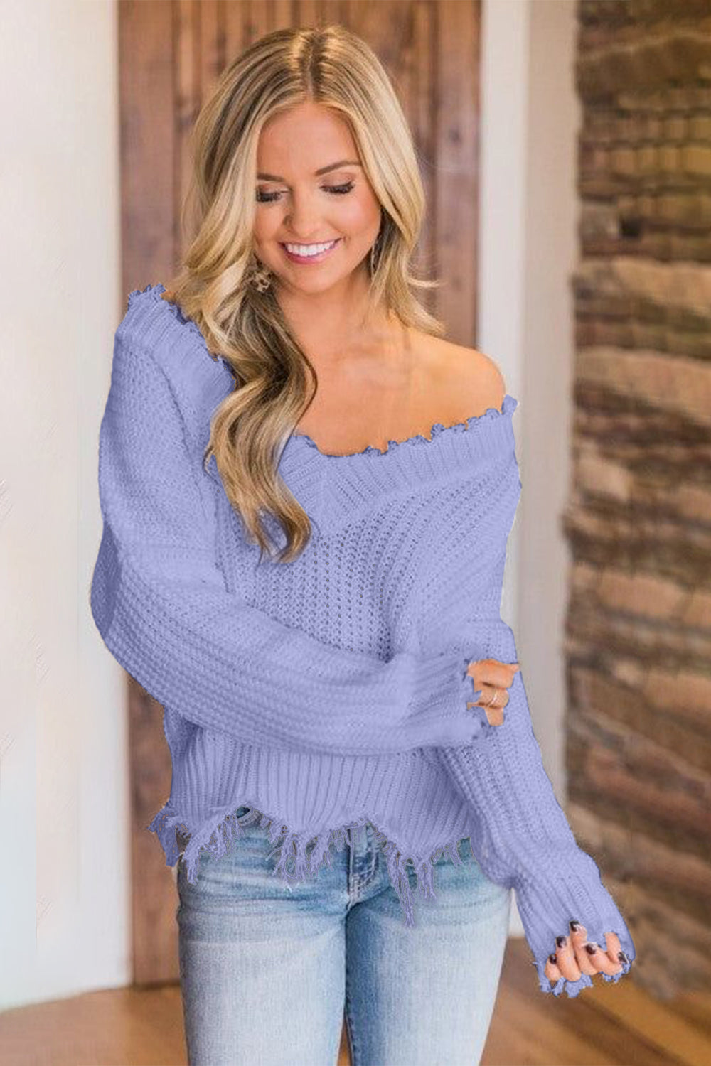 Frayed Hem Dropped Shoulder Sweater - The Boutie Shop