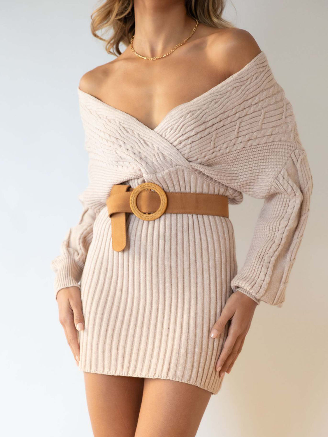 Surplice Neck Long Sleeve Sweater Dress - The Boutie Shop