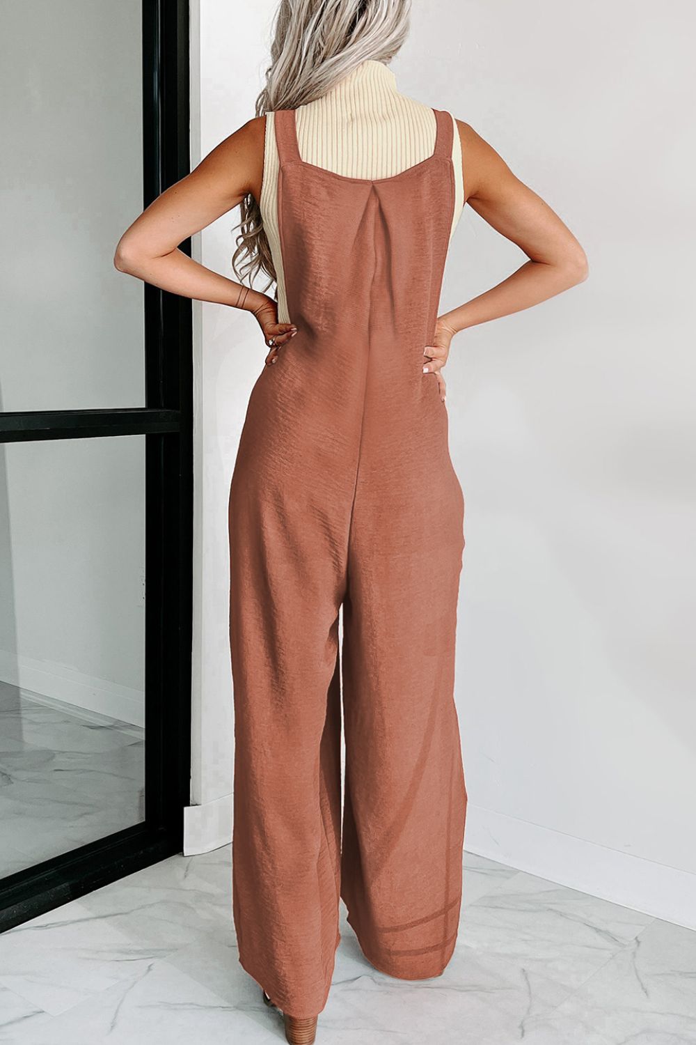 Waffle-knit Wide Leg Overall with Pockets - The Boutie Shop