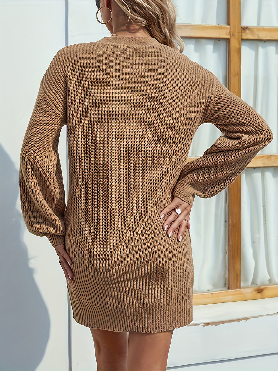 V-Neck Dropped Shoulder Mini Sweater Dress - The Boutie Shop
