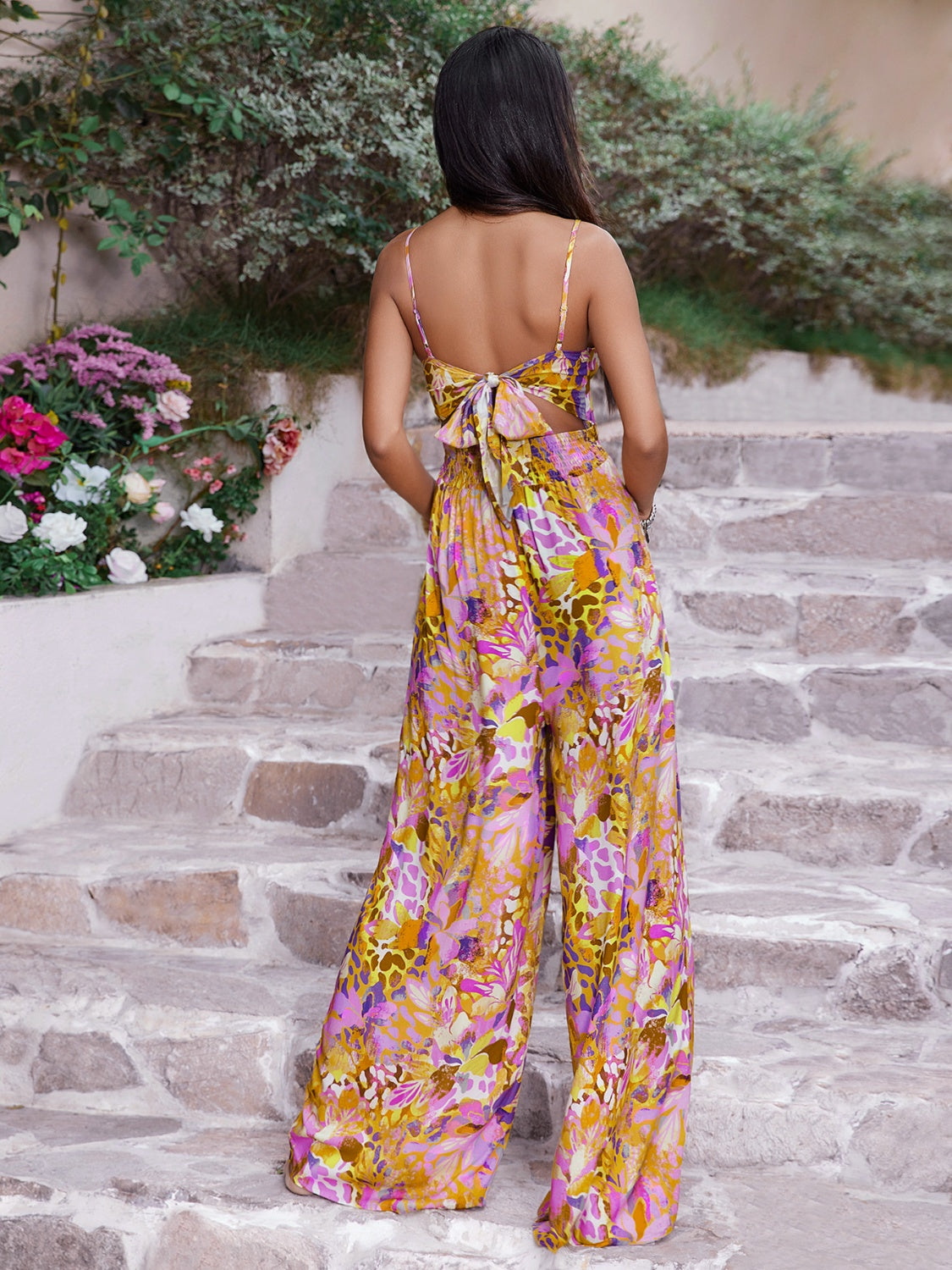 Cutout Printed Spaghetti Strap Jumpsuit - The Boutie Shop