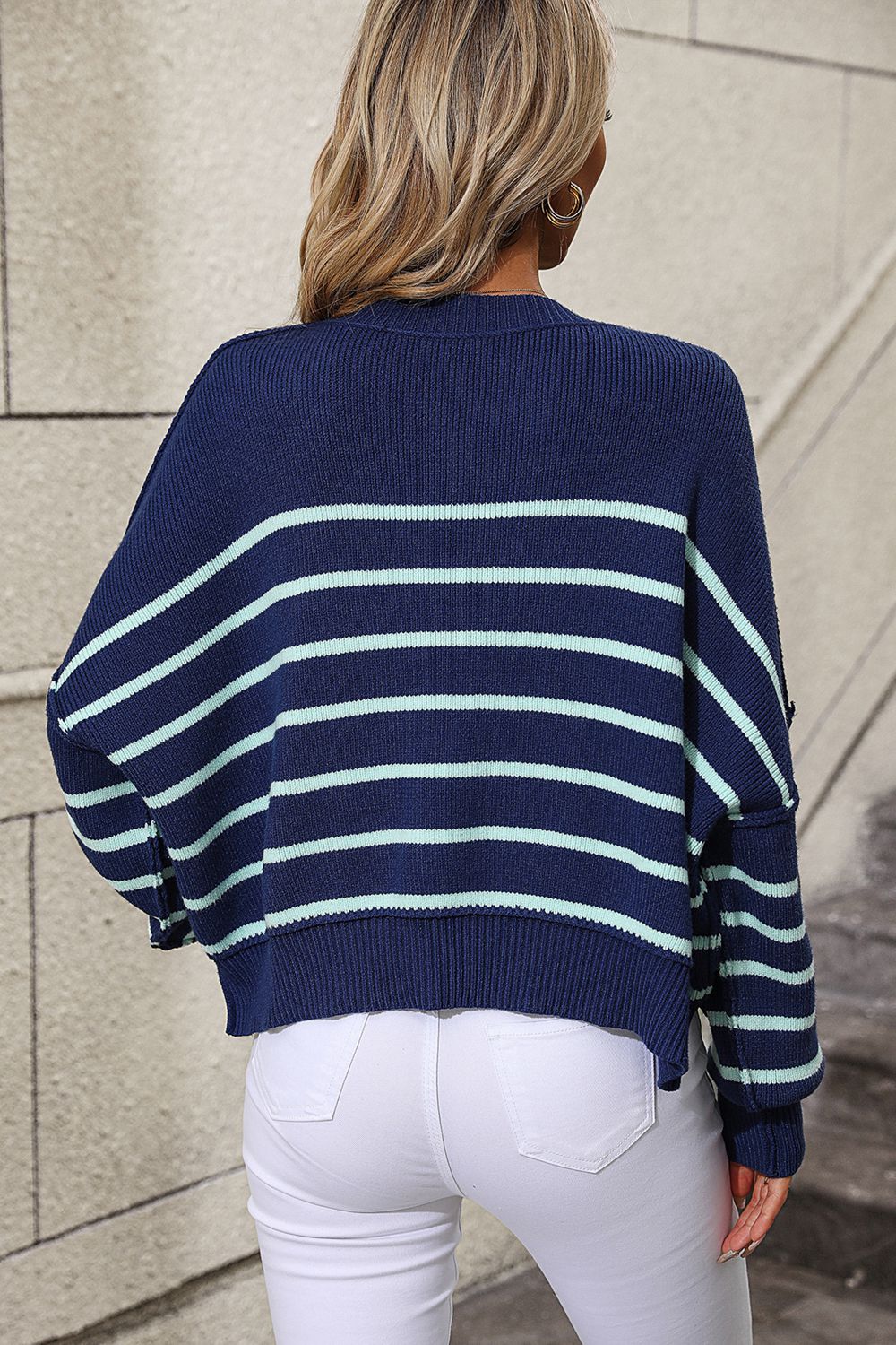 Striped Dropped Shoulder Round Neck Pullover Sweater - The Boutie Shop