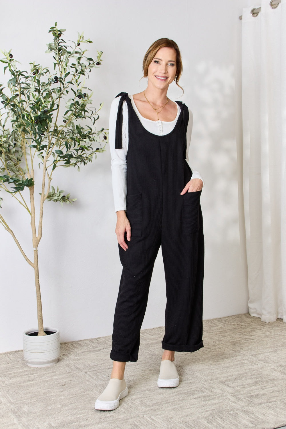 Celeste Full Size Ribbed Tie Shoulder Sleeveless Ankle Overalls - The Boutie Shop