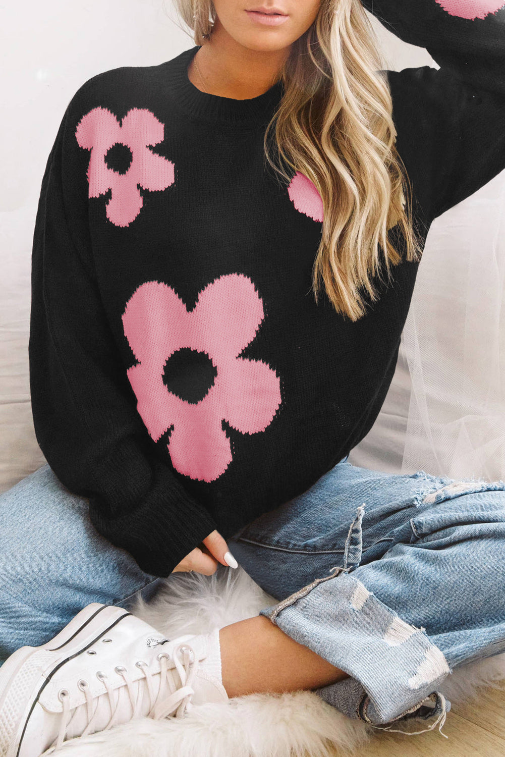 Round Neck Floral Pattern Color Contrast Design Long Sleeve Sweater - The Boutie Shop