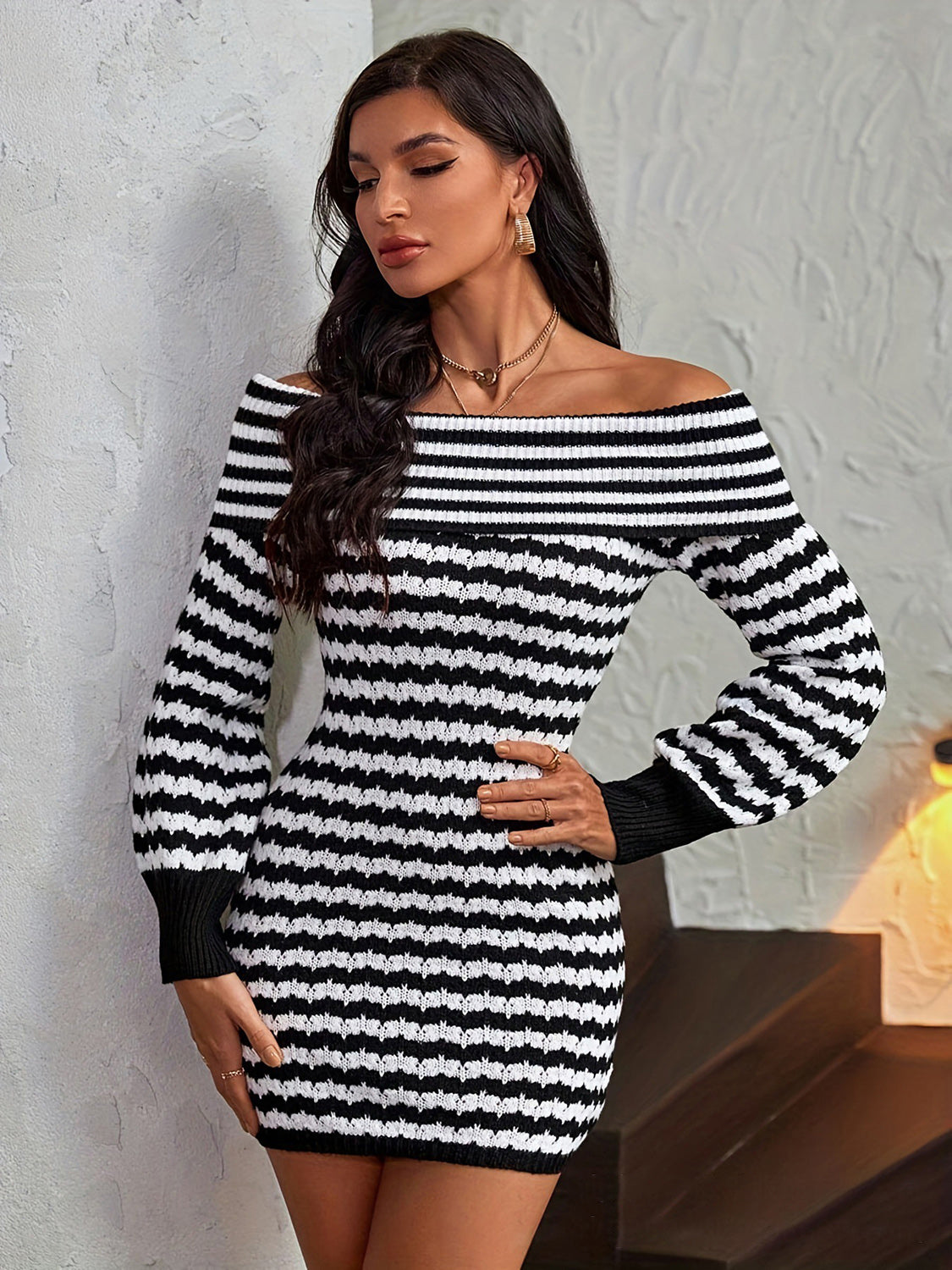 Striped Off-Shoulder Sweater Dress - The Boutie Shop