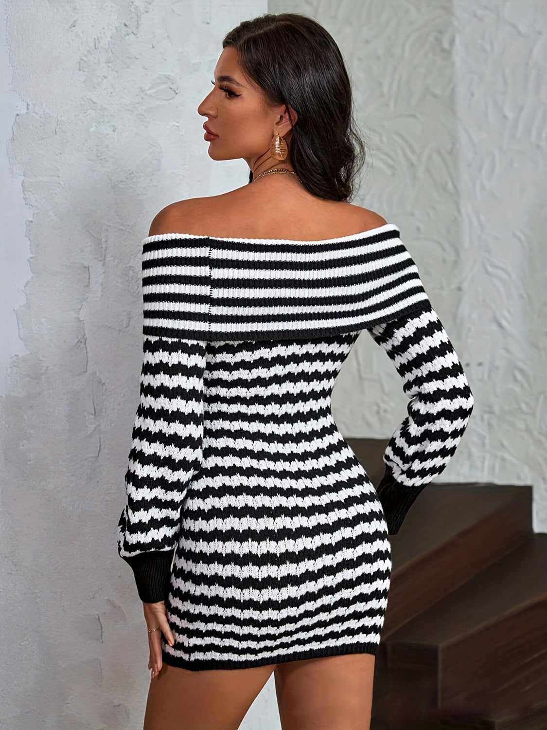 Striped Off-Shoulder Sweater Dress - The Boutie Shop