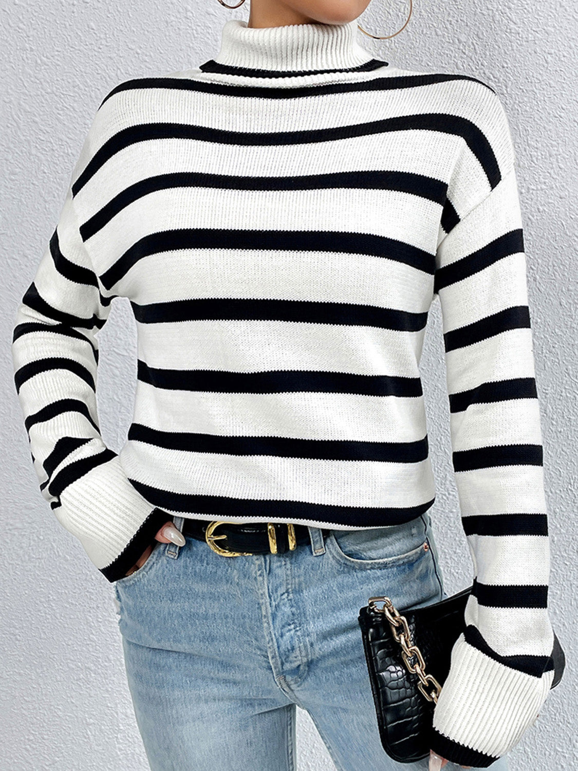 Striped Turtleneck Long Sleeve Sweater - The Boutie Shop