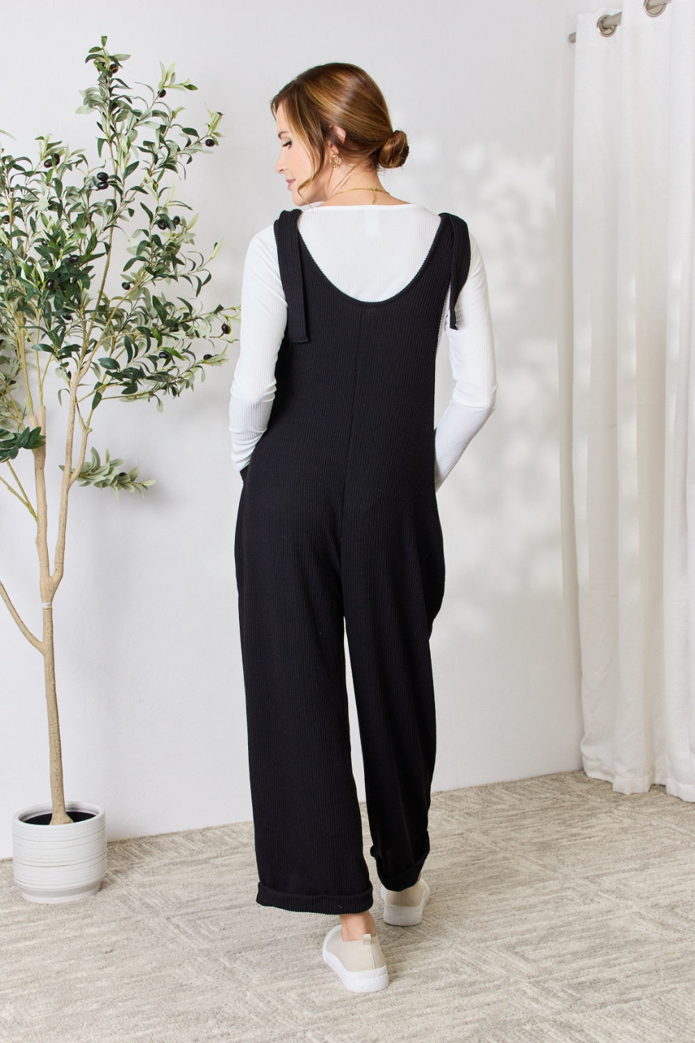 Celeste Full Size Ribbed Tie Shoulder Sleeveless Ankle Overalls - The Boutie Shop
