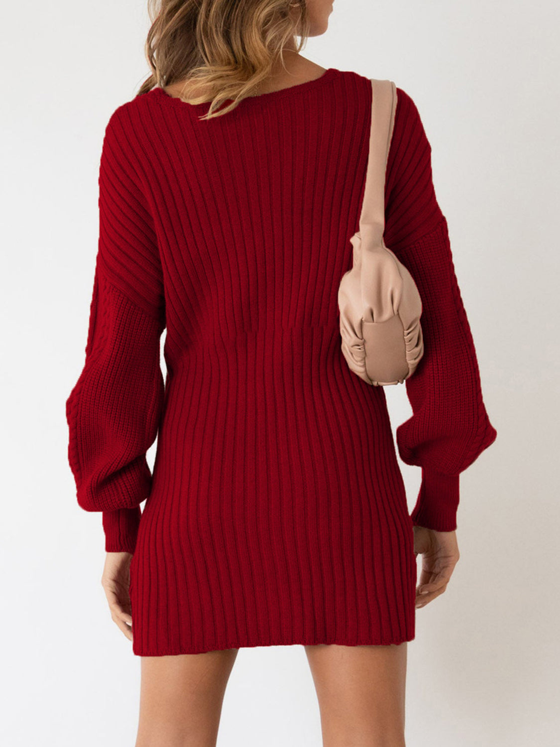 Surplice Neck Long Sleeve Sweater Dress - The Boutie Shop