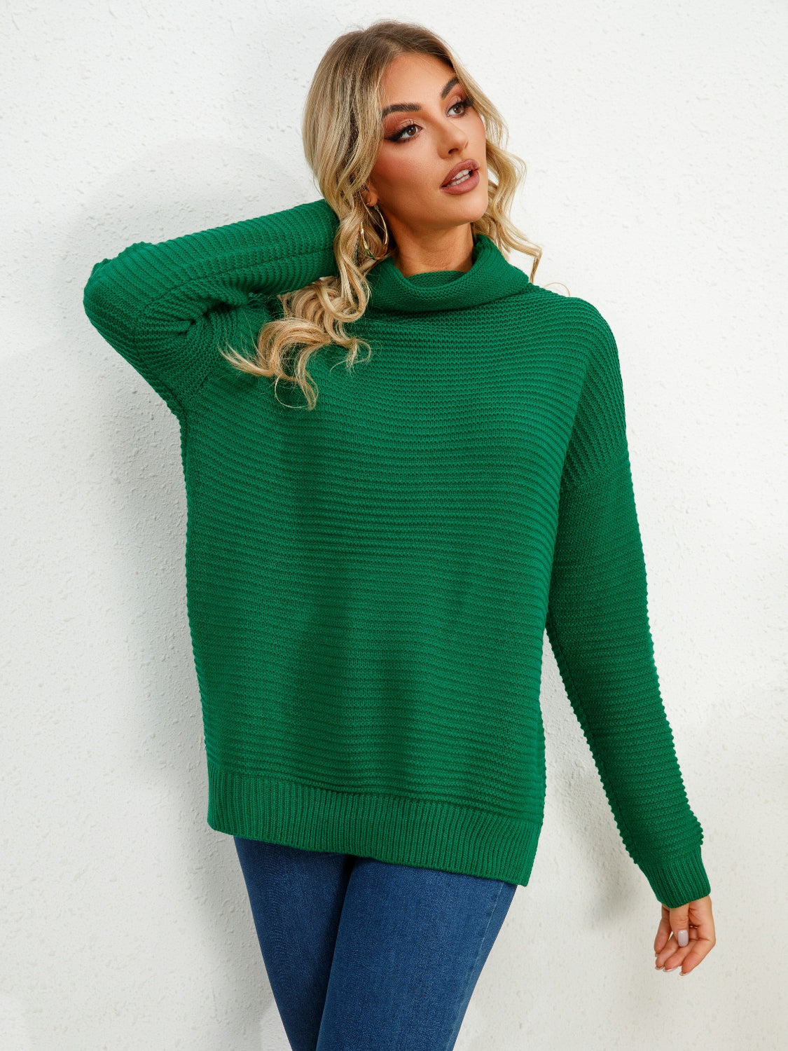 Slit Turtleneck Dropped Shoulder Sweater - The Boutie Shop