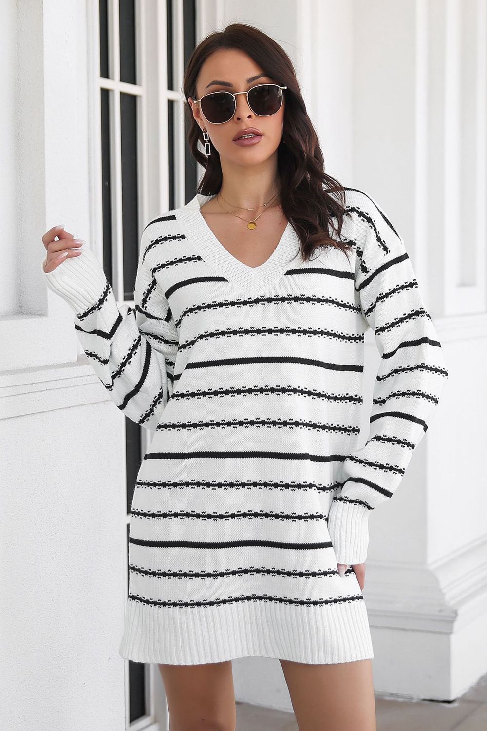 Striped V-Neck Sweater Dress - The Boutie Shop