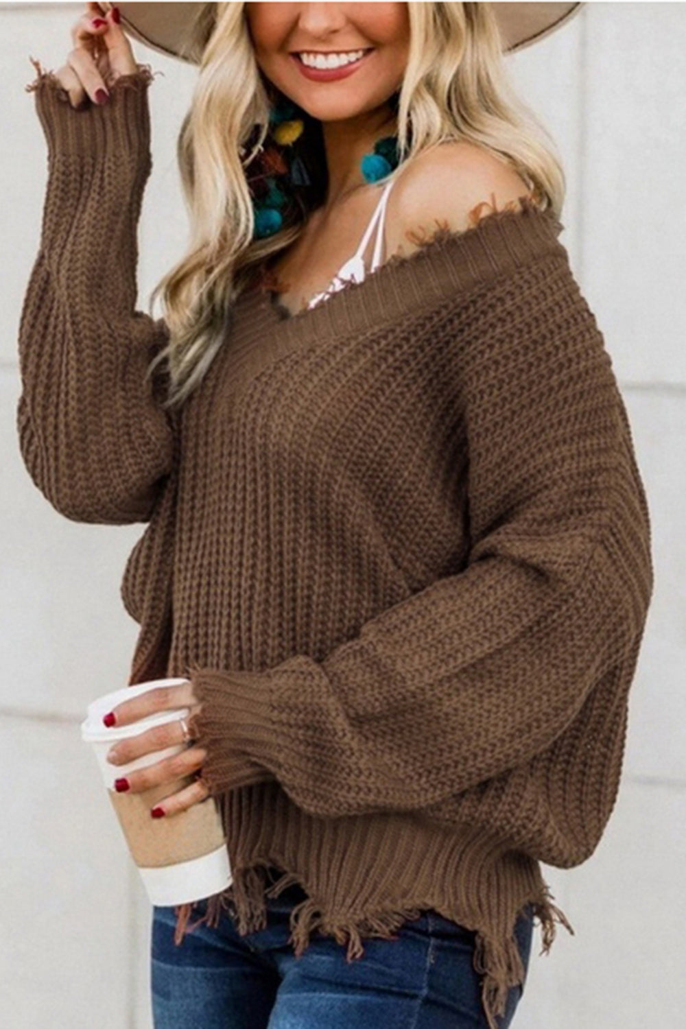 Frayed Hem Dropped Shoulder Sweater - The Boutie Shop