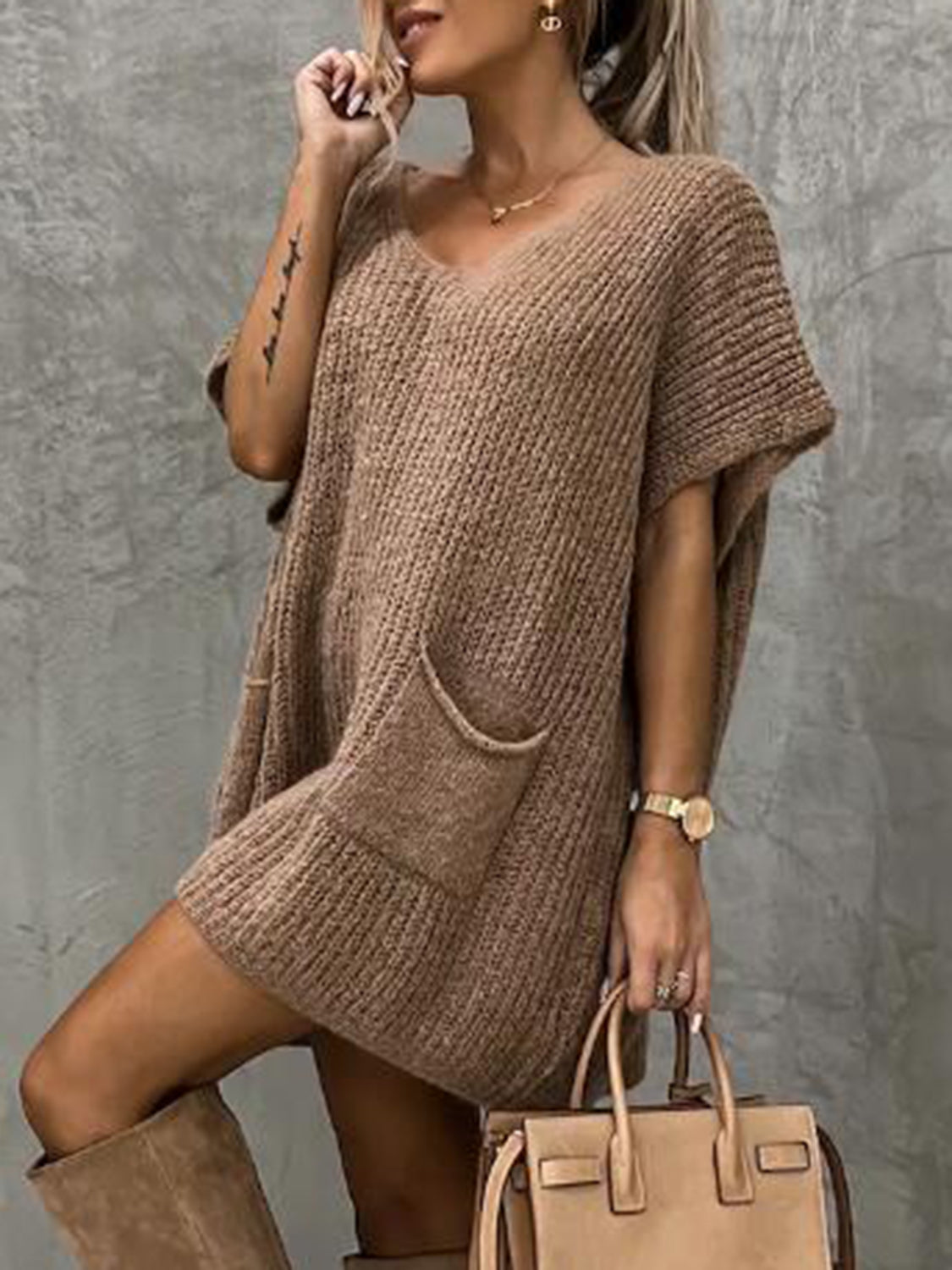 Short Sleeve Sweater Dress with Pockets - The Boutie Shop
