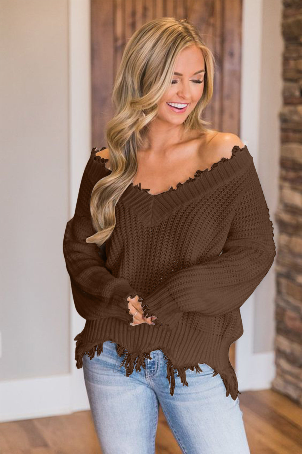Frayed Hem Dropped Shoulder Sweater - The Boutie Shop