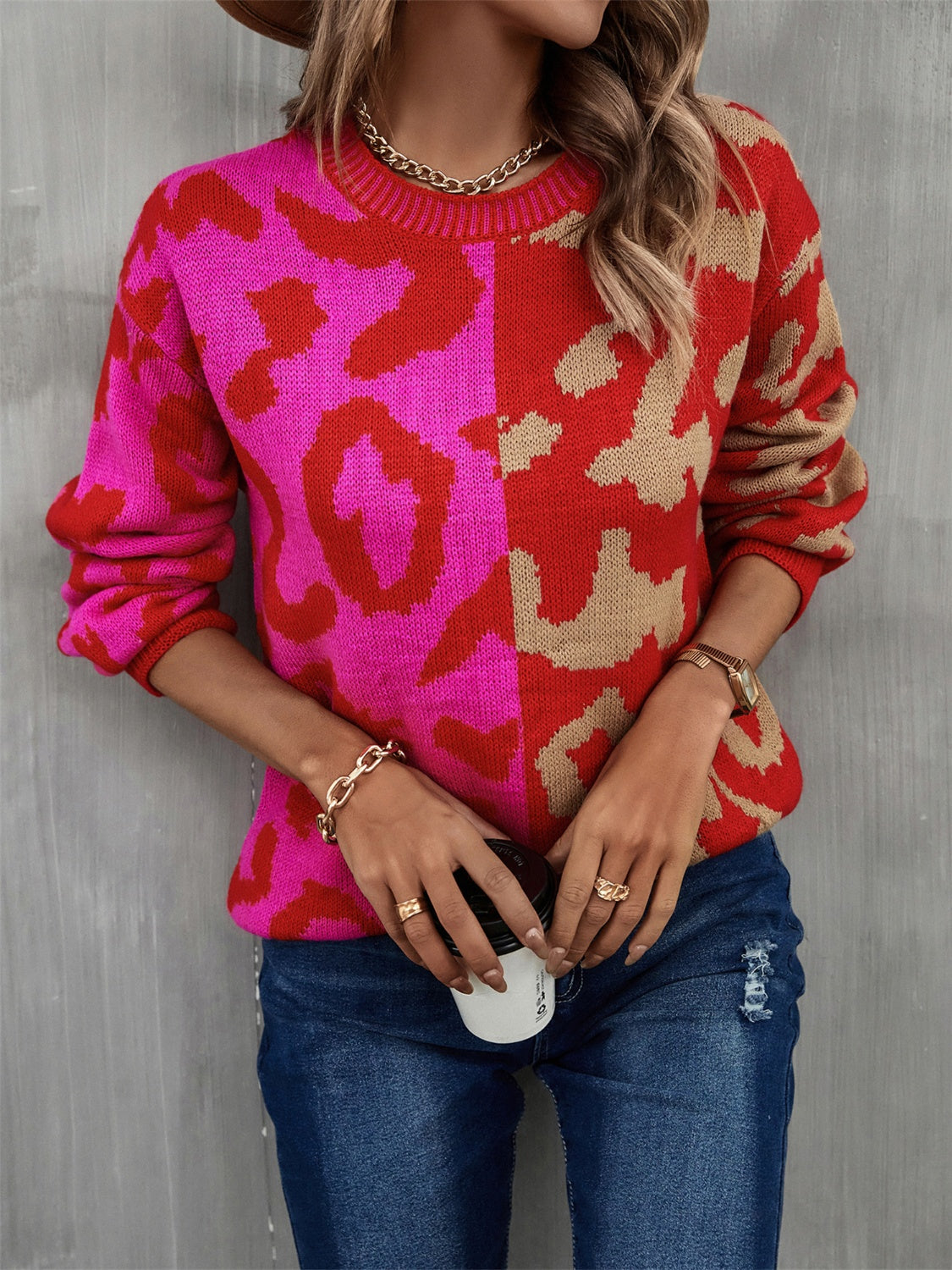 Angel Wings Leopard Round Neck Long Sleeve Sweater - The Boutie Shop