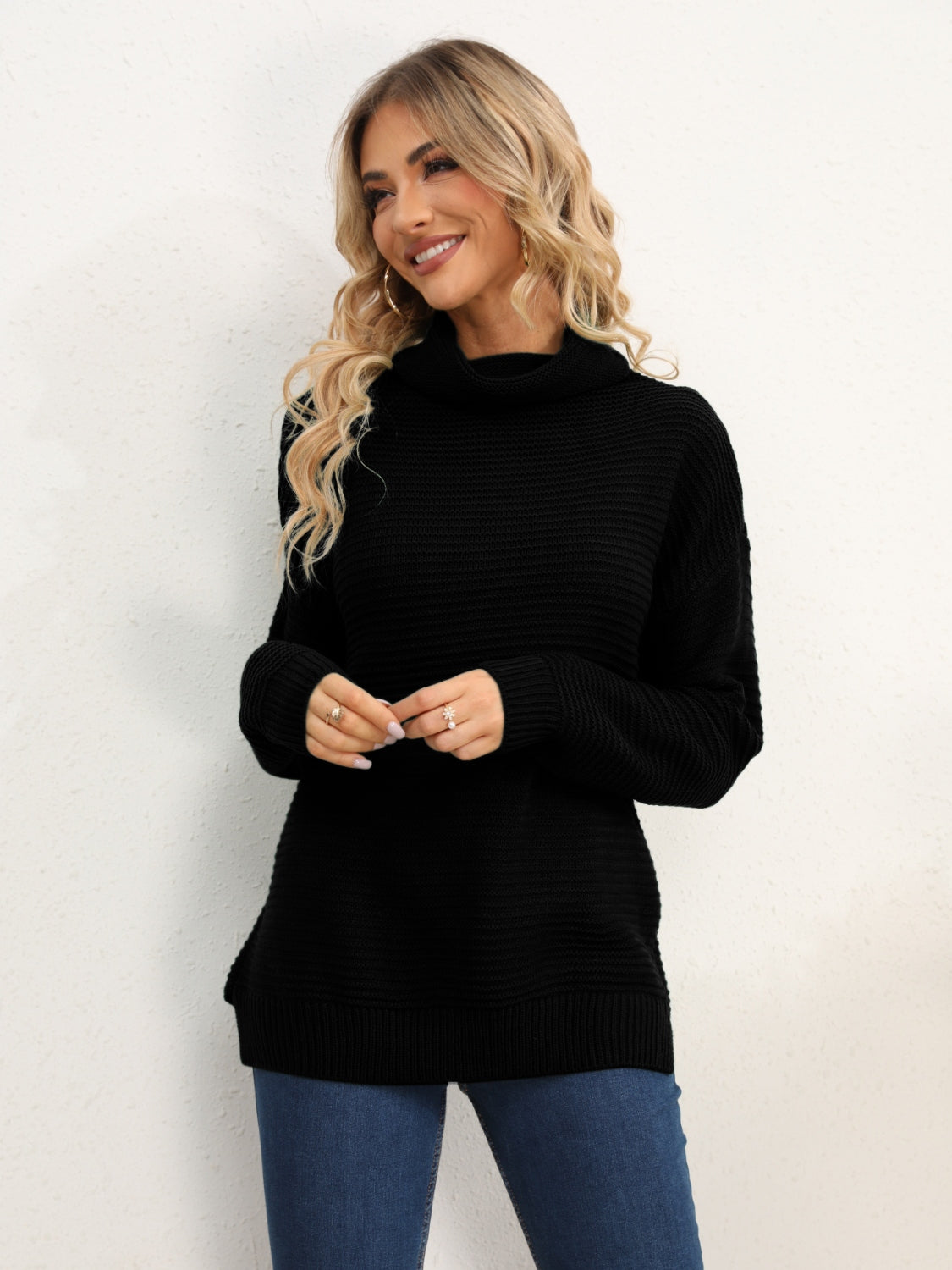 Slit Turtleneck Dropped Shoulder Sweater - The Boutie Shop