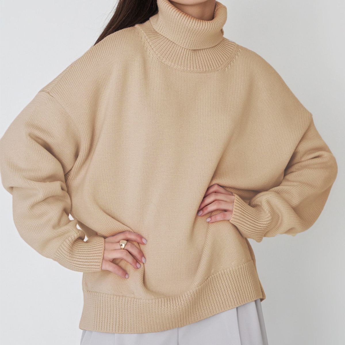 Turtle Neck Dropped Shoulder Sweater - The Boutie Shop