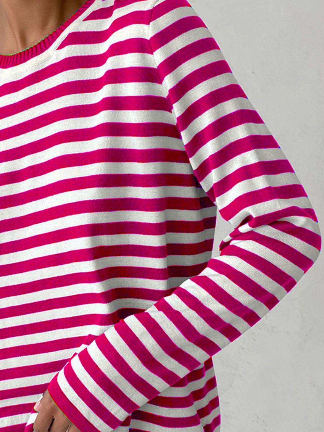 Striped Round Neck Long Sleeve Sweater - The Boutie Shop