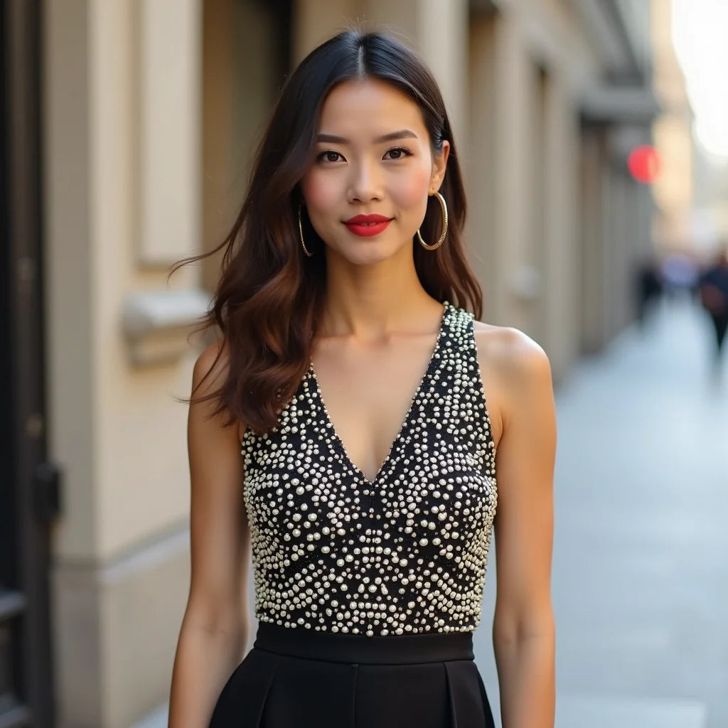 Beaded Pearl Sleeveless Top - Beaded Pearl Sleeveless Top for a Sophisticated Evening Look