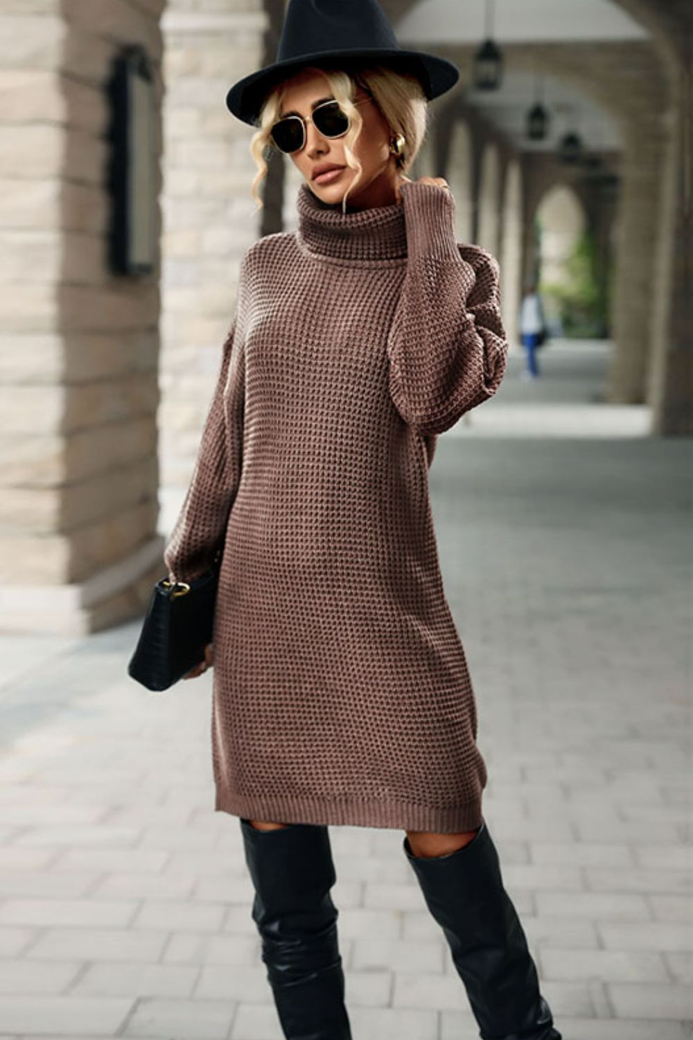 Perfee Turtleneck Dropped Shoulder Mini Sweater Dress - The Boutie Shop