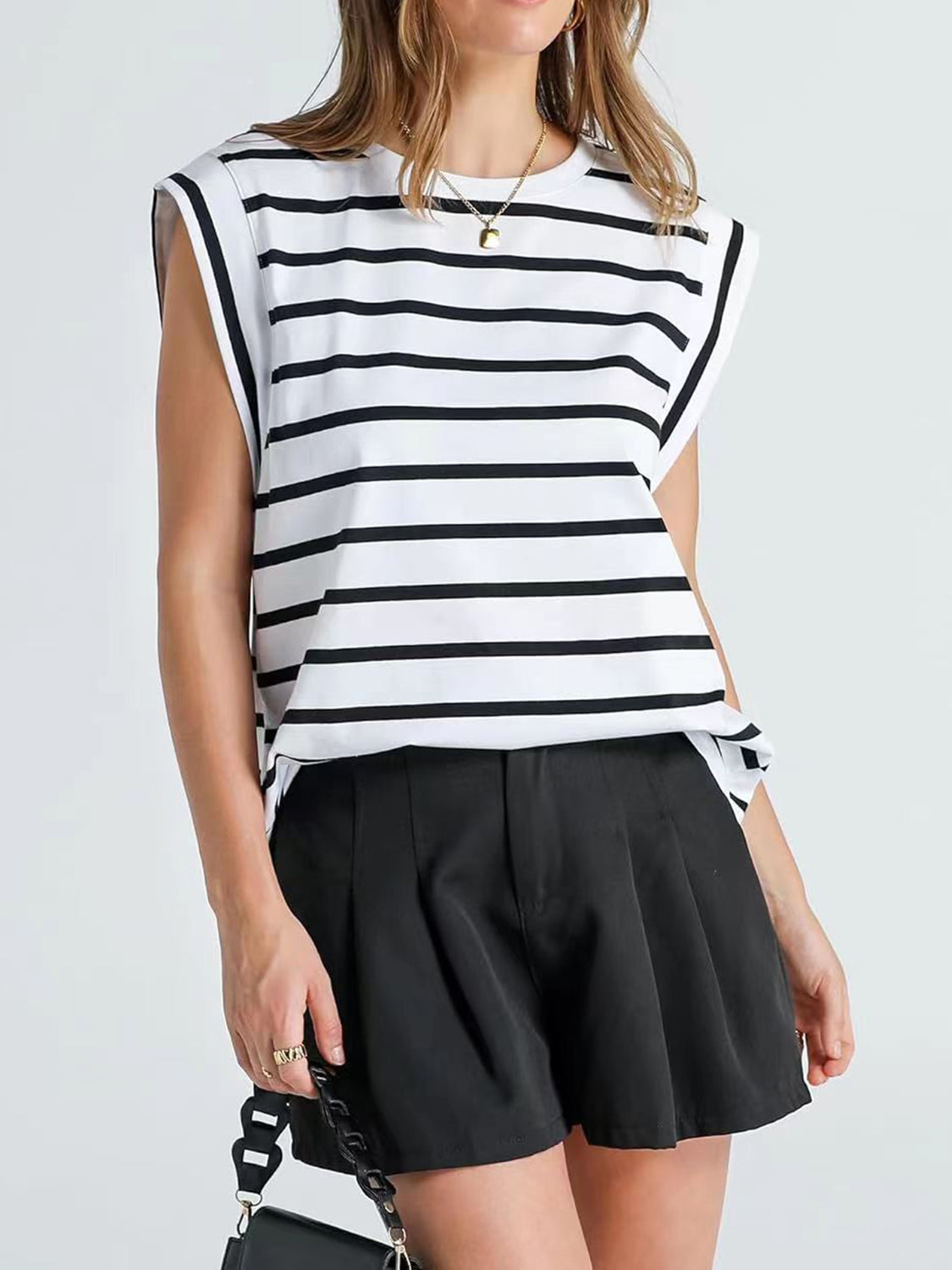 Striped Round Neck Cap Sleeve T-Shirt - The Boutie Shop