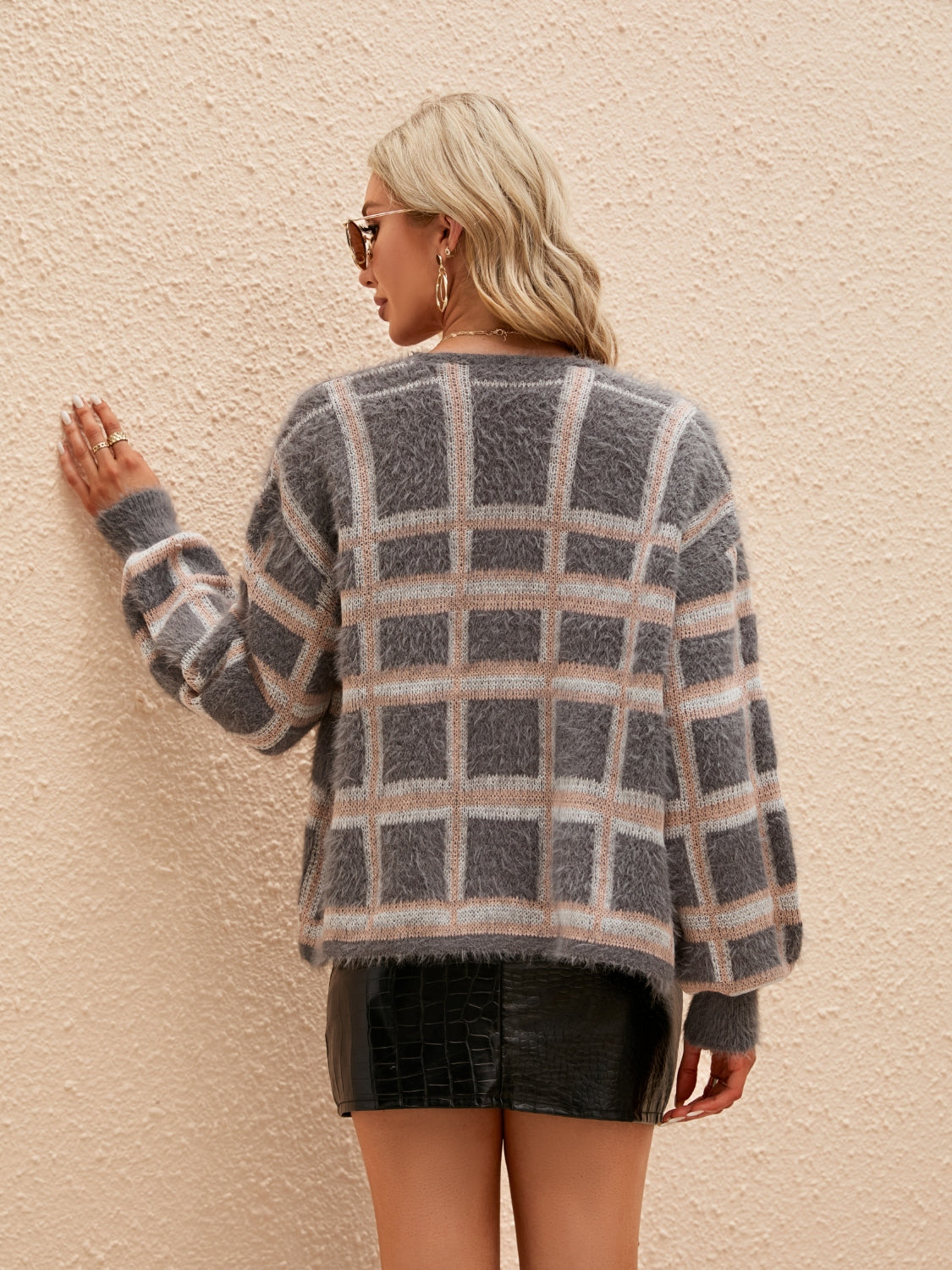 Open Front Plaid Long Sleeve Cardigan - The Boutie Shop