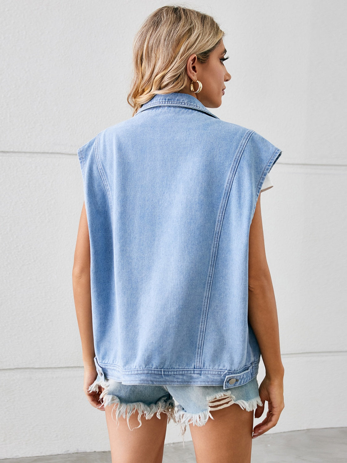 Pocketed Button Up Sleeveless Denim Jacket - The Boutie Shop