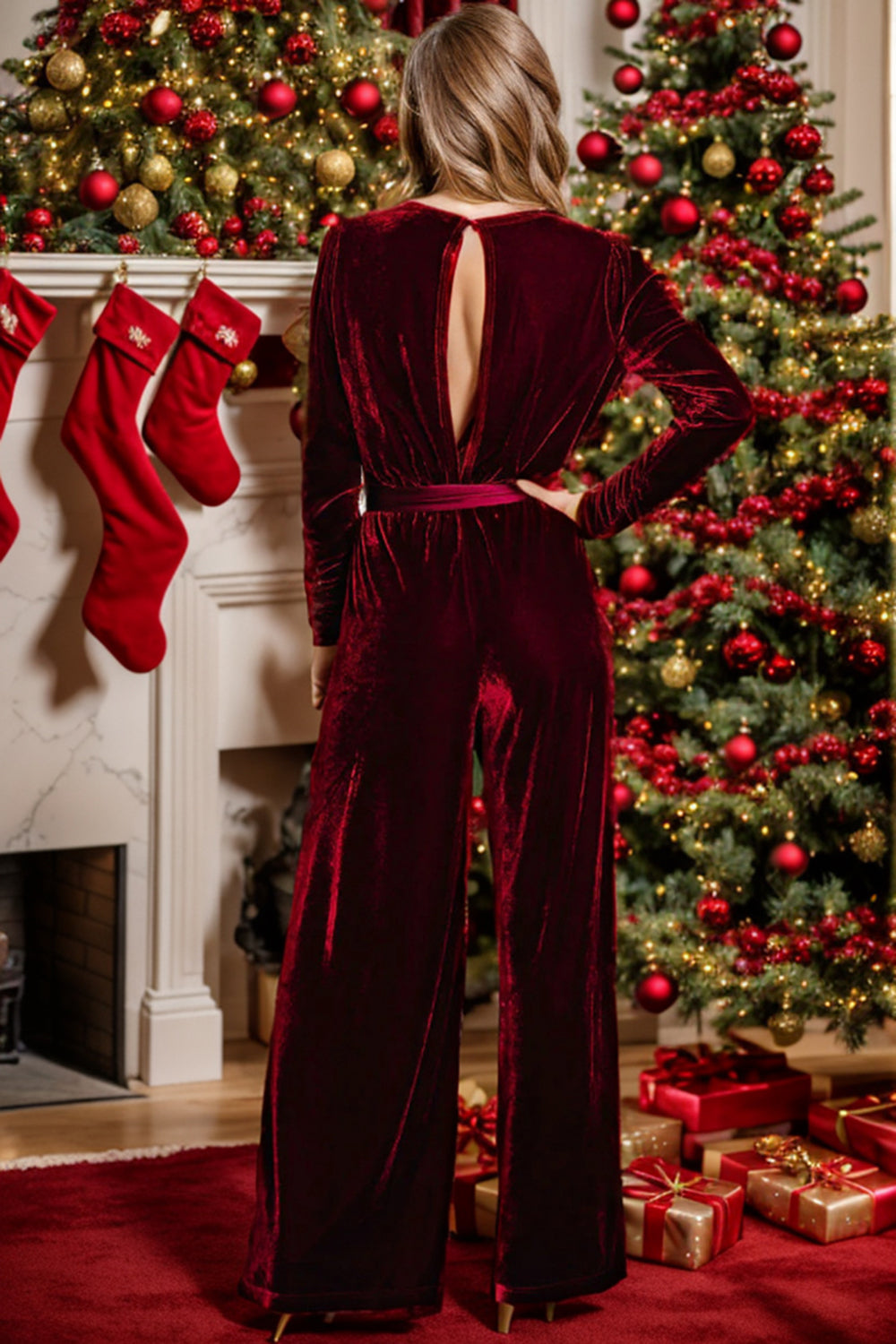 Tie Waist Long Sleeve Wide Leg Jumpsuit - The Boutie Shop