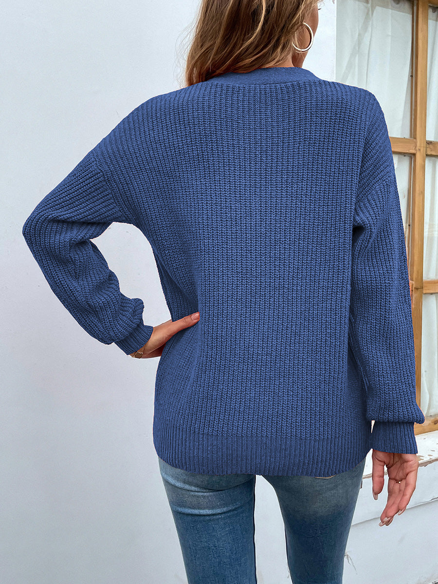 Cutout V-Neck Rib-Knit Sweater - The Boutie Shop