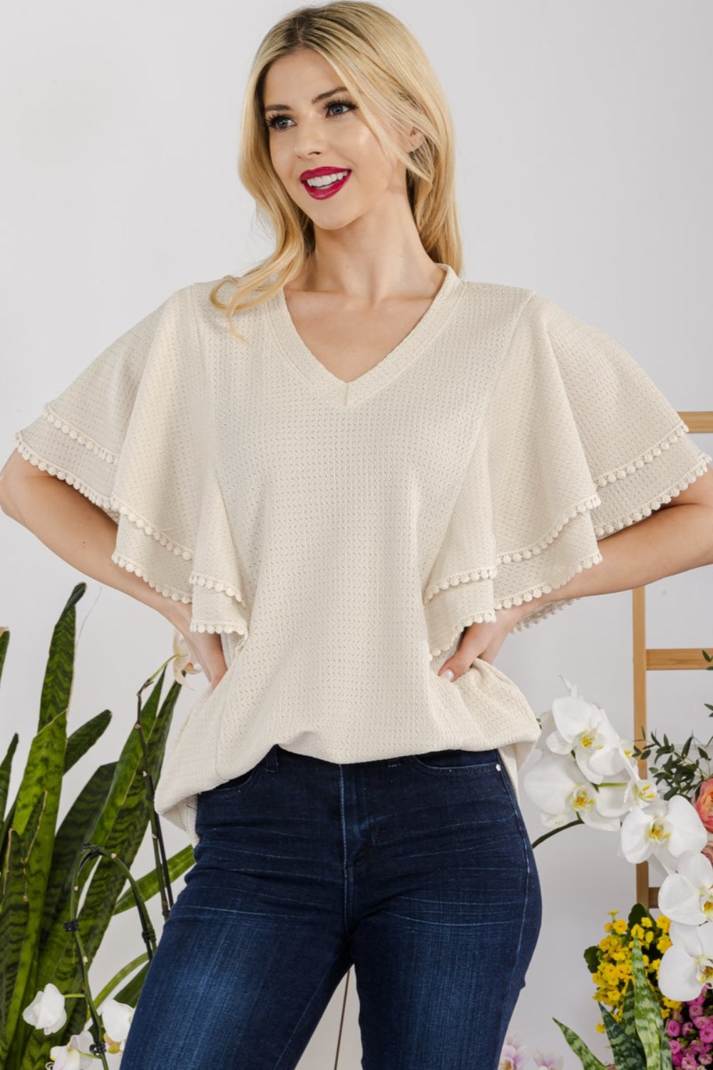 Celeste Full Size V-Neck Lace Trim Flutter Sleeve Top - The Boutie Shop