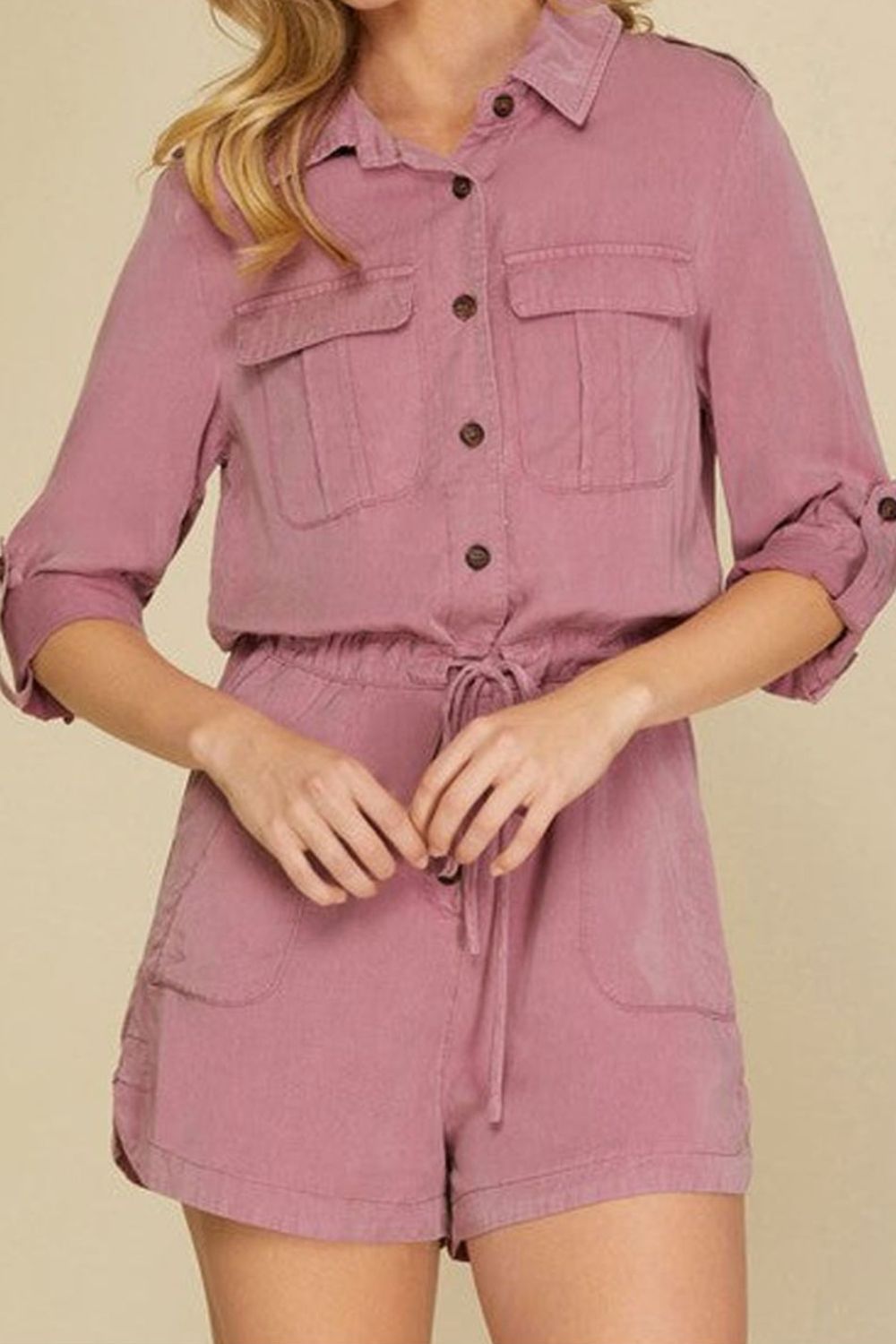 Collared Neck Drawstring Roll-Tab Sleeve Romper - The Boutie Shop