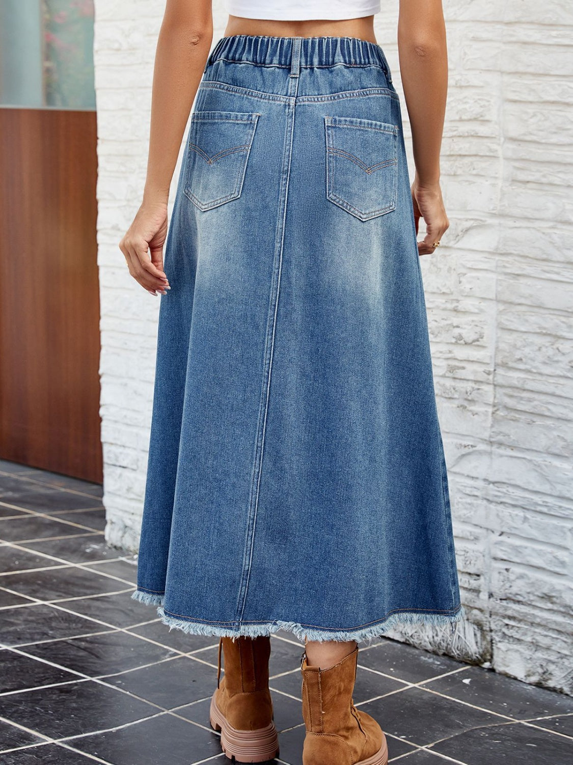 Raw Hem Buttoned Denim Skirt with Pockets - The Boutie Shop