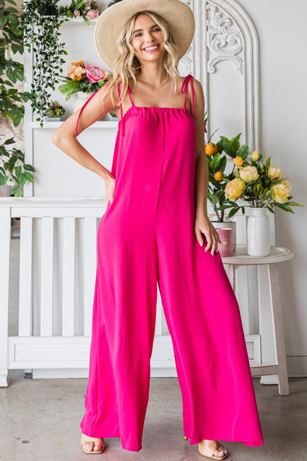 Veveret Pocketed Spaghetti Strap Wide Leg Jumpsuit - The Boutie Shop