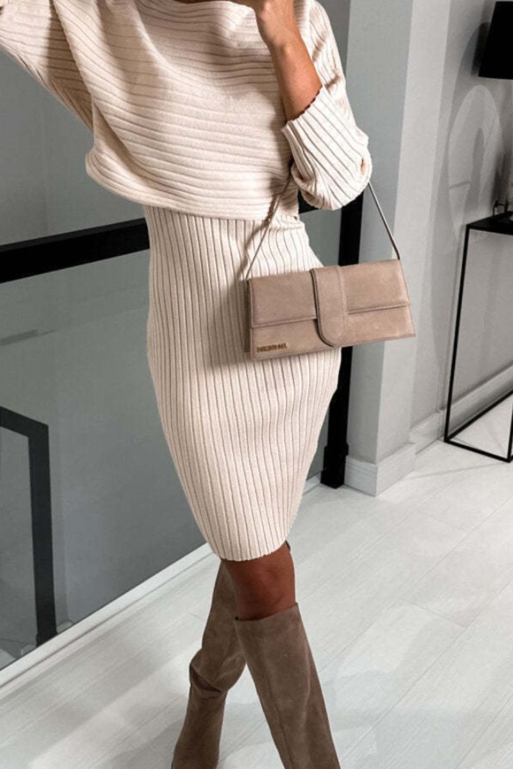 Ribbed Round Neck Top and Cami Dress Sweater Set - The Boutie Shop