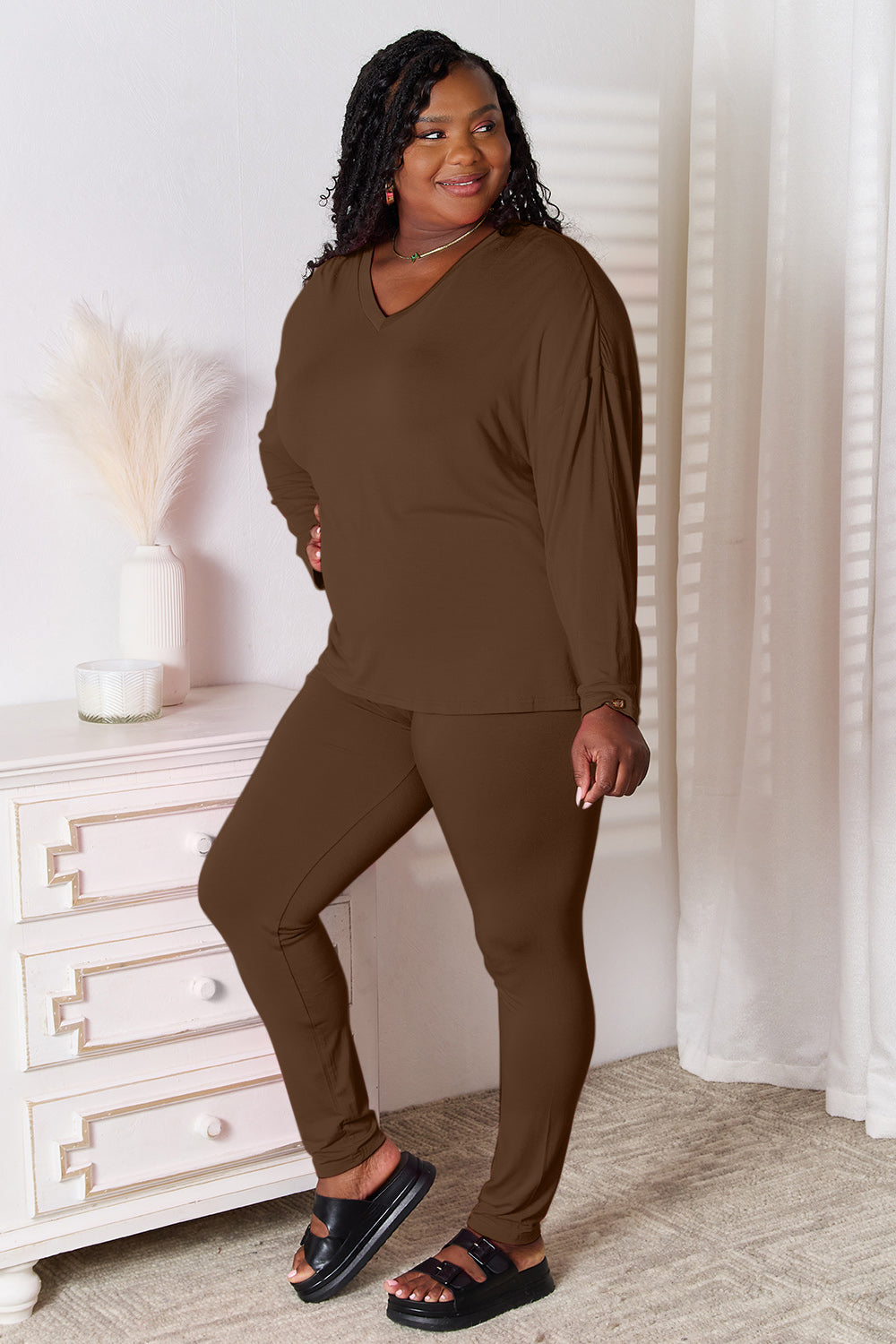 Basic Bae Full Size V-Neck Soft Rayon Long Sleeve Top and Pants Lounge Set - The Boutie Shop