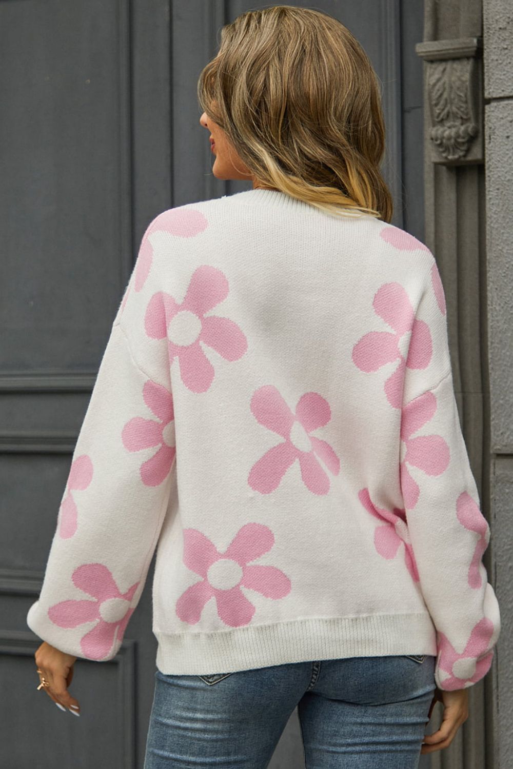 Angel Wings Floral Print Round Neck Dropped Shoulder Pullover Sweater - The Boutie Shop