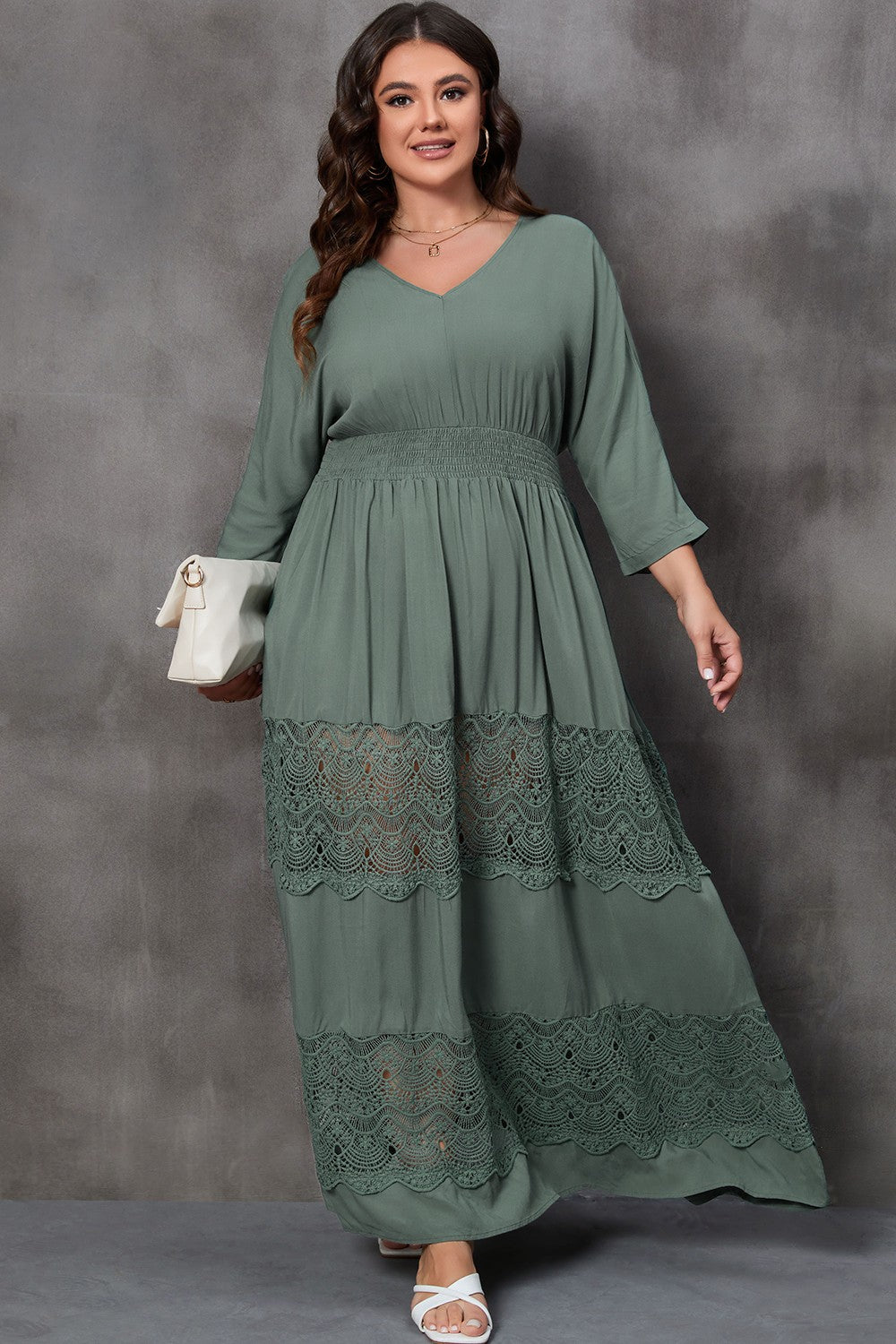 Plus Size Tied V-Neck Smocked Crochet Maxi Dress - The Boutie Shop