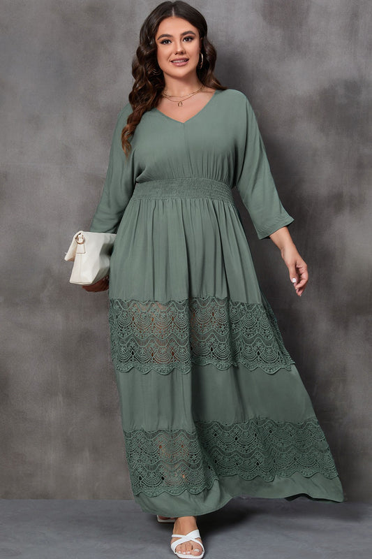 Plus Size Tied V-Neck Smocked Crochet Maxi Dress - The Boutie Shop