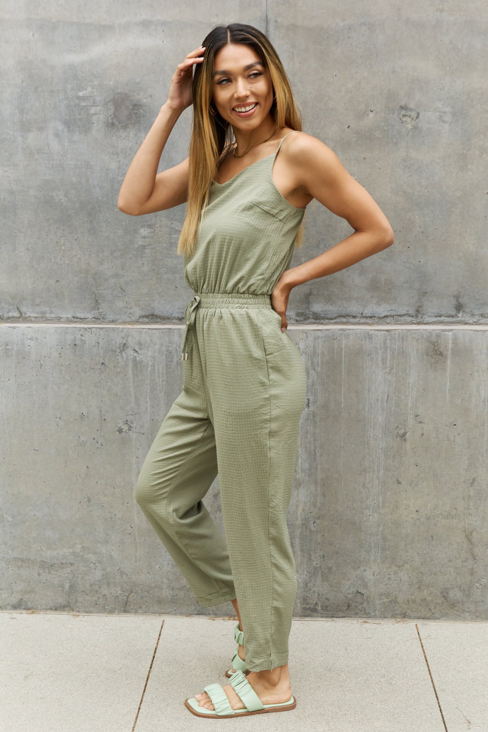 ODDI Full Size Textured Woven Jumpsuit in Sage - The Boutie Shop