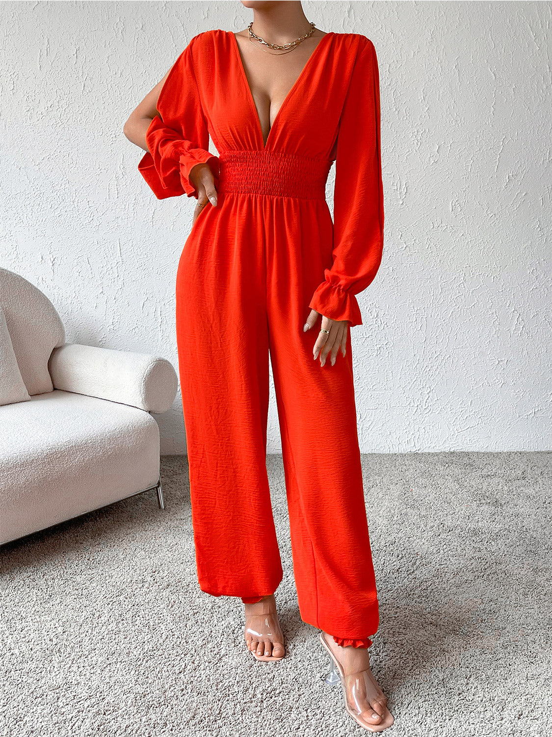 Honey Plunge Smocked Flounce Sleeve Jumpsuit - The Boutie Shop