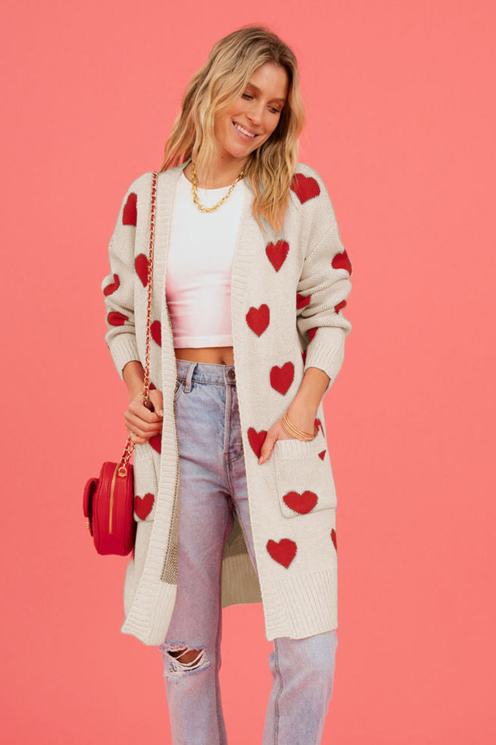 Heart Graphic Open Front Cardigan with Pockets - The Boutie Shop