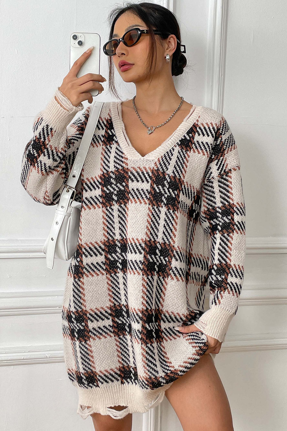 Plaid V-Neck Long Sleeve Sweater Dress - The Boutie Shop