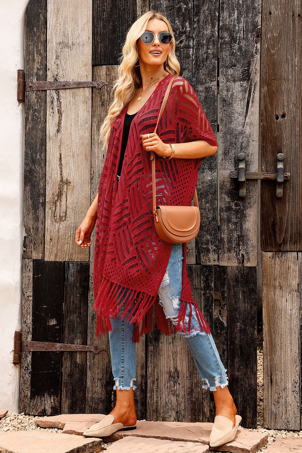 Openwork Open Front Cardigan with Fringes - The Boutie Shop