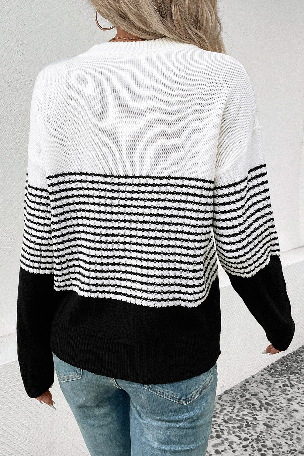 Perfee Striped Drop Shoulder Sweater - The Boutie Shop