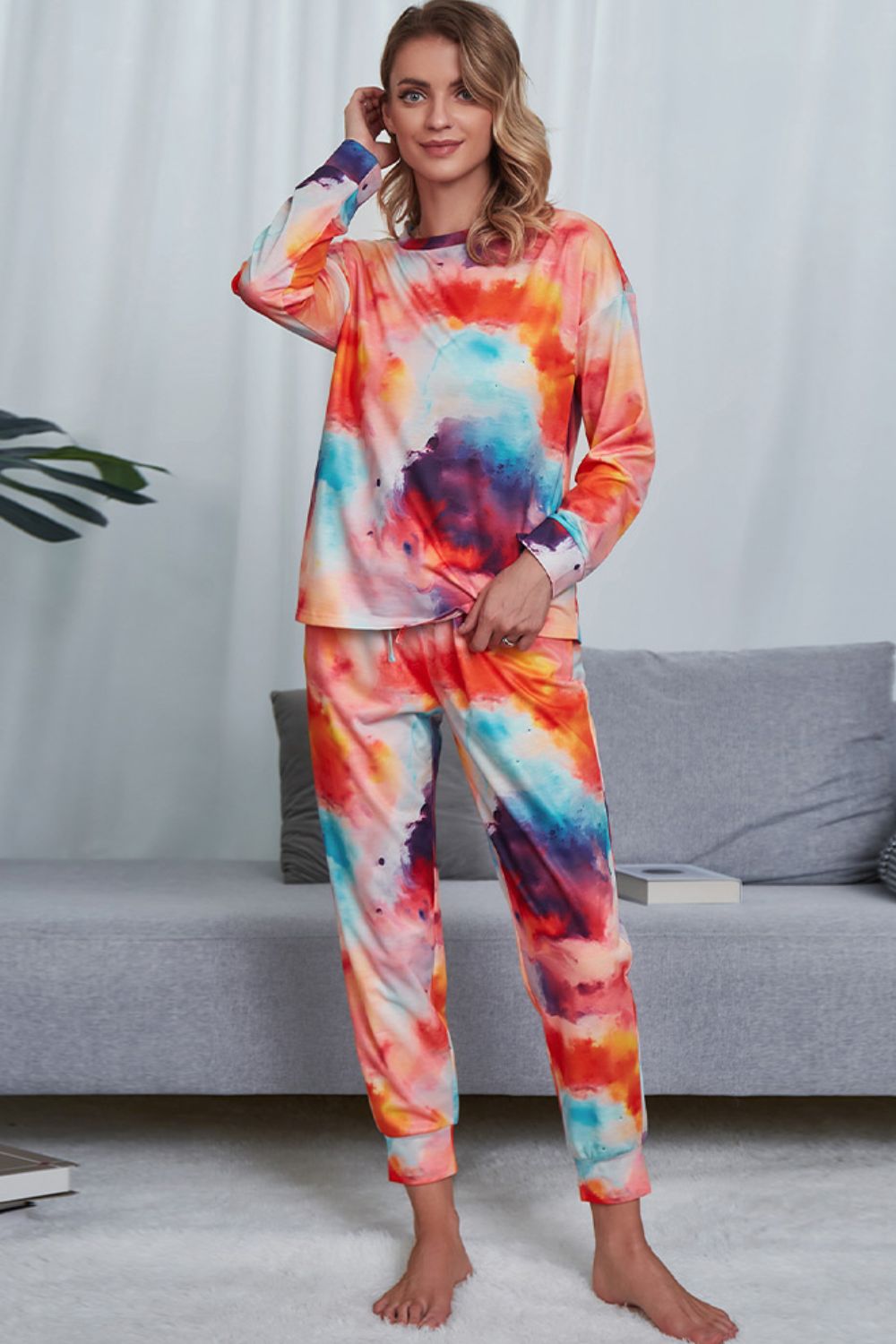 Shiny Tie-Dye Crewneck Top and Drawstring Waist Joggers Lounge Set - The Boutie Shop