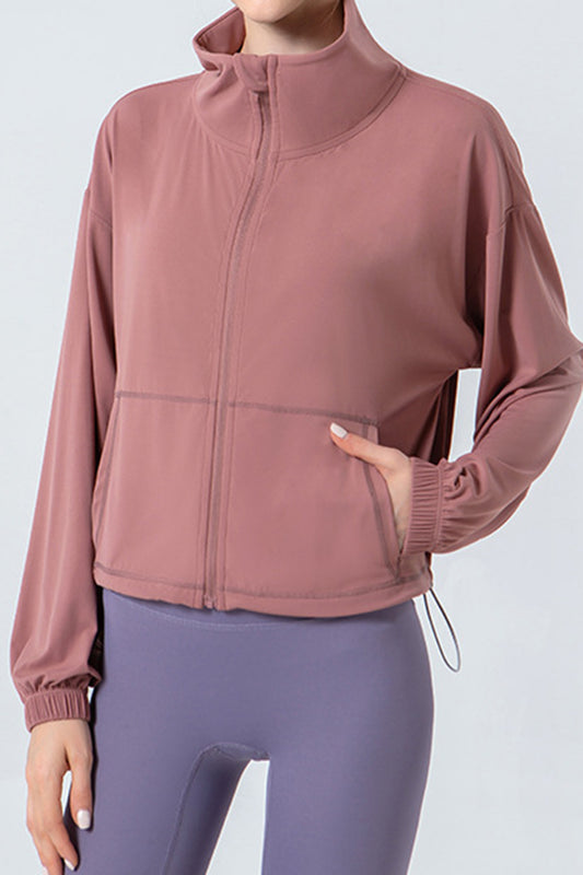 Drawstring Zip Up Dropped Shoulder Active Outerwear - The Boutie Shop