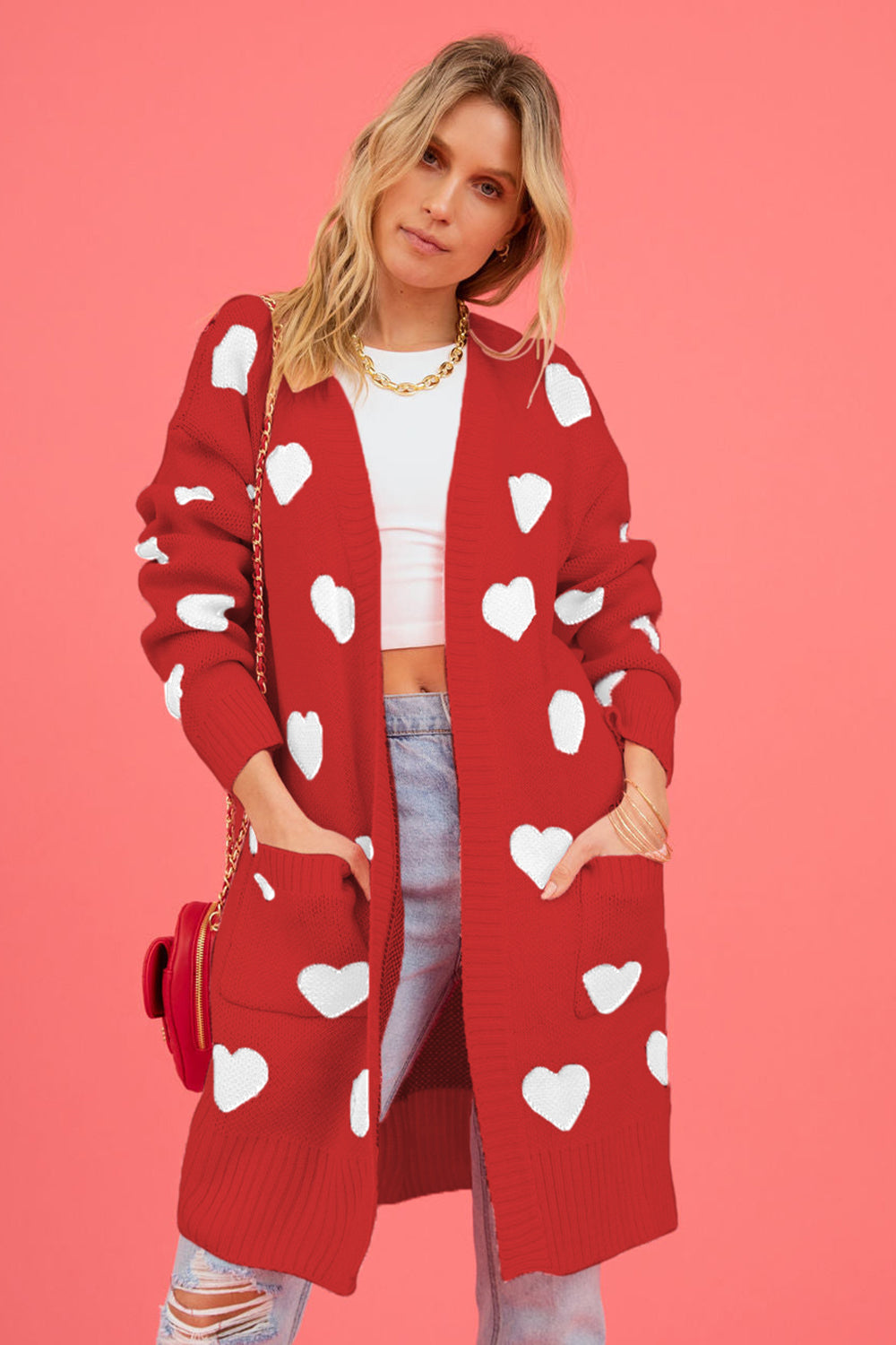 Heart Graphic Open Front Cardigan with Pockets - The Boutie Shop