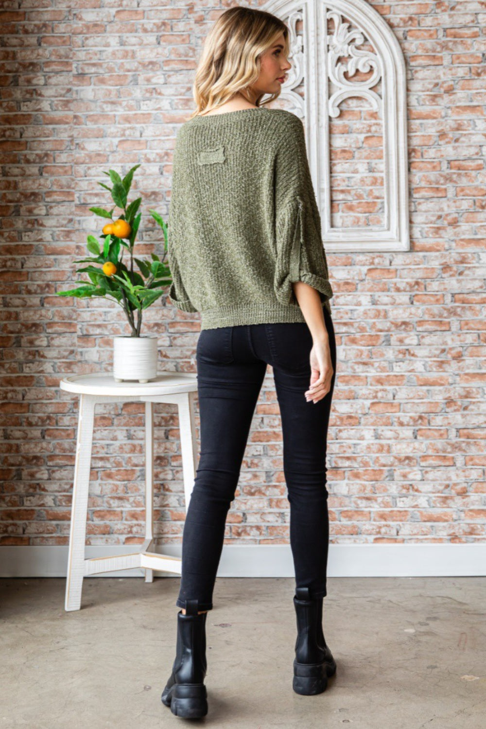 Veveret Round Neck Roll-Up Sweater - The Boutie Shop