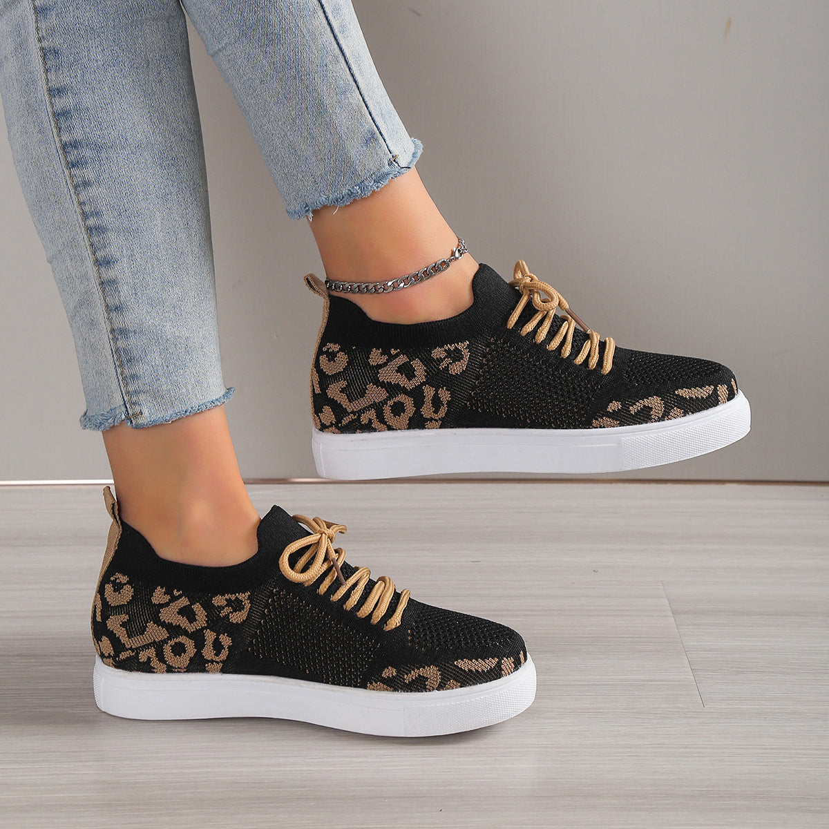 Lace-Up Leopard Flat Sneakers - The Boutie Shop