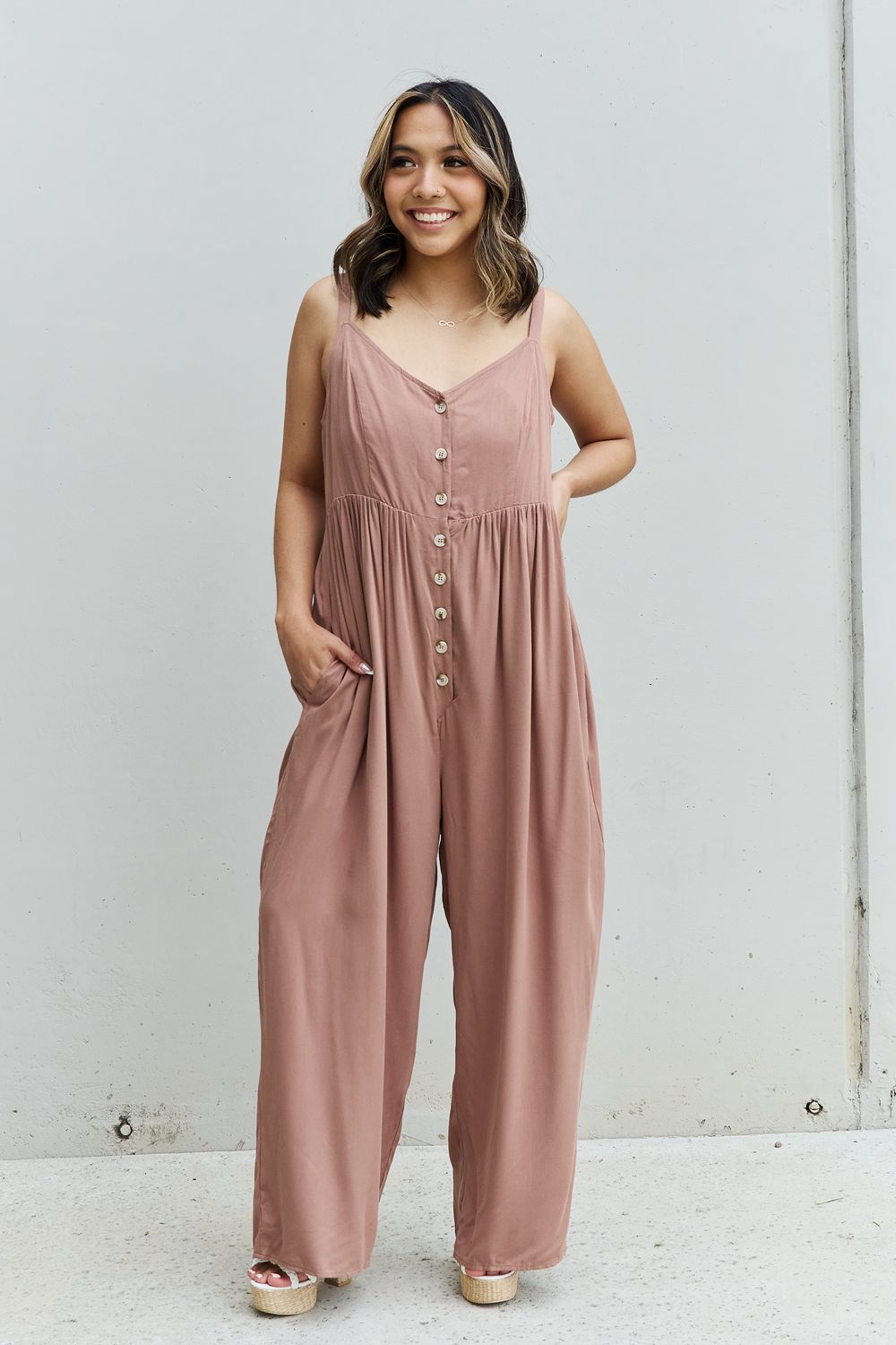 HEYSON All Day Full Size Wide Leg Button Down Jumpsuit in Mocha - The Boutie Shop